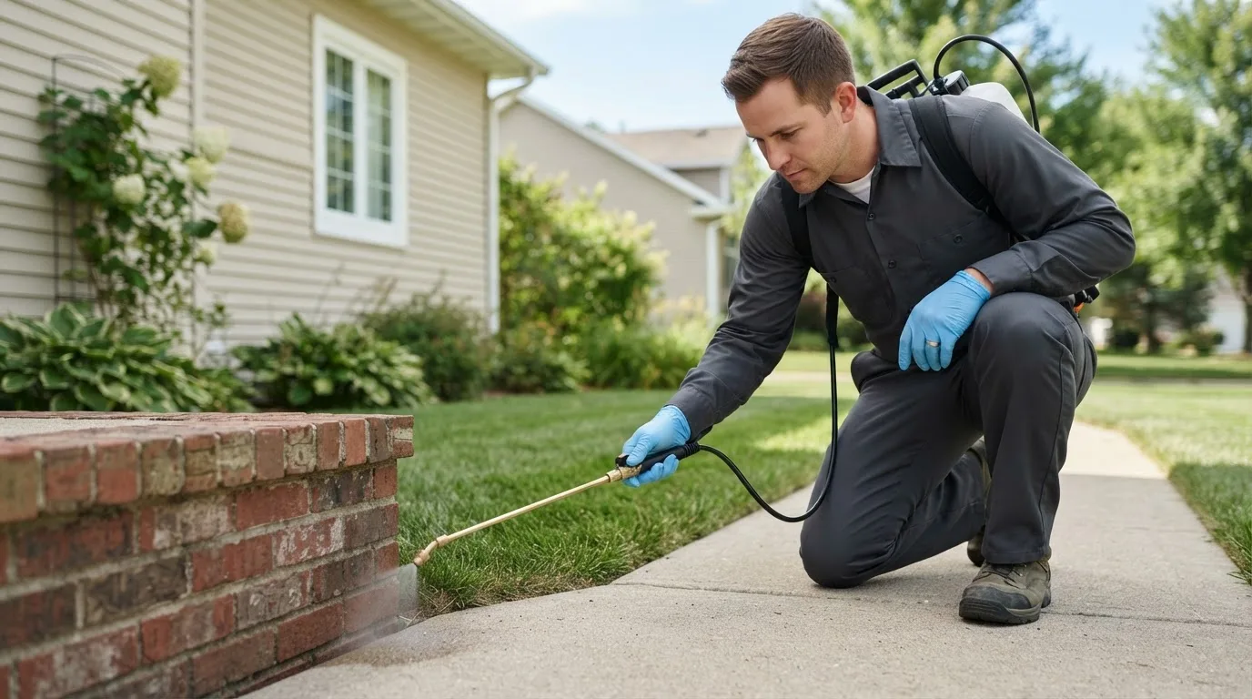 Pest control technician treating a home near Mount Victory, OH