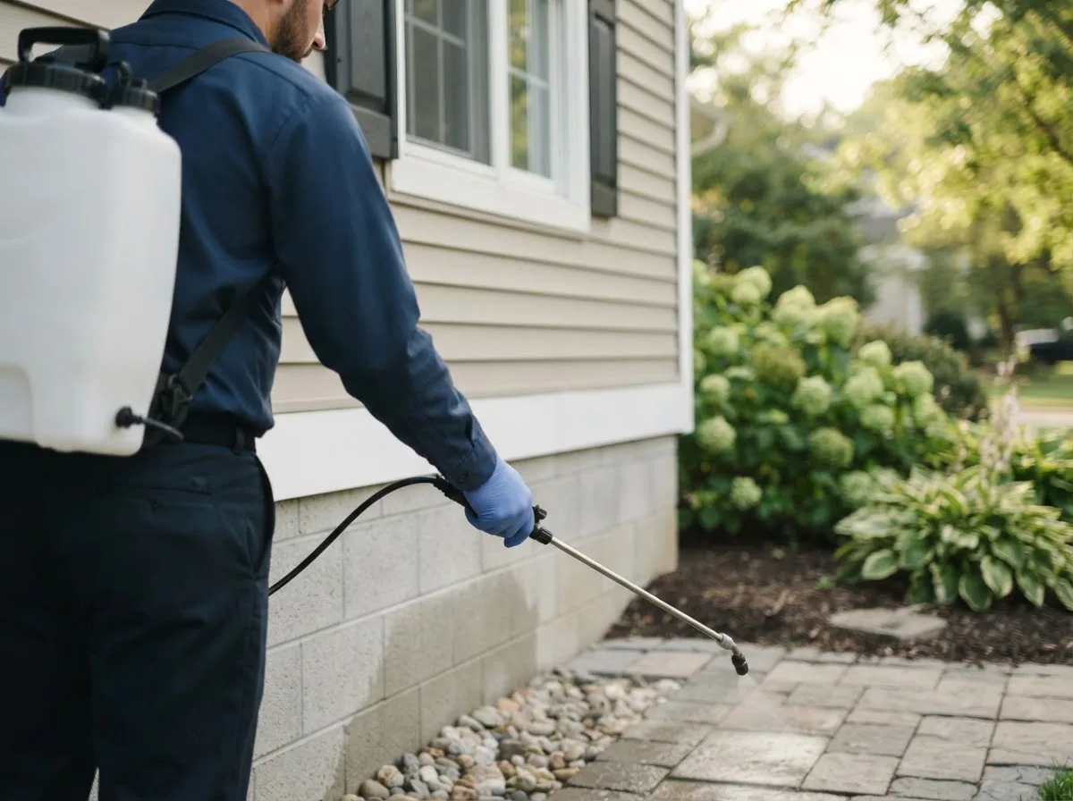 Pest control technician inspecting a home in Mount Victory, OH